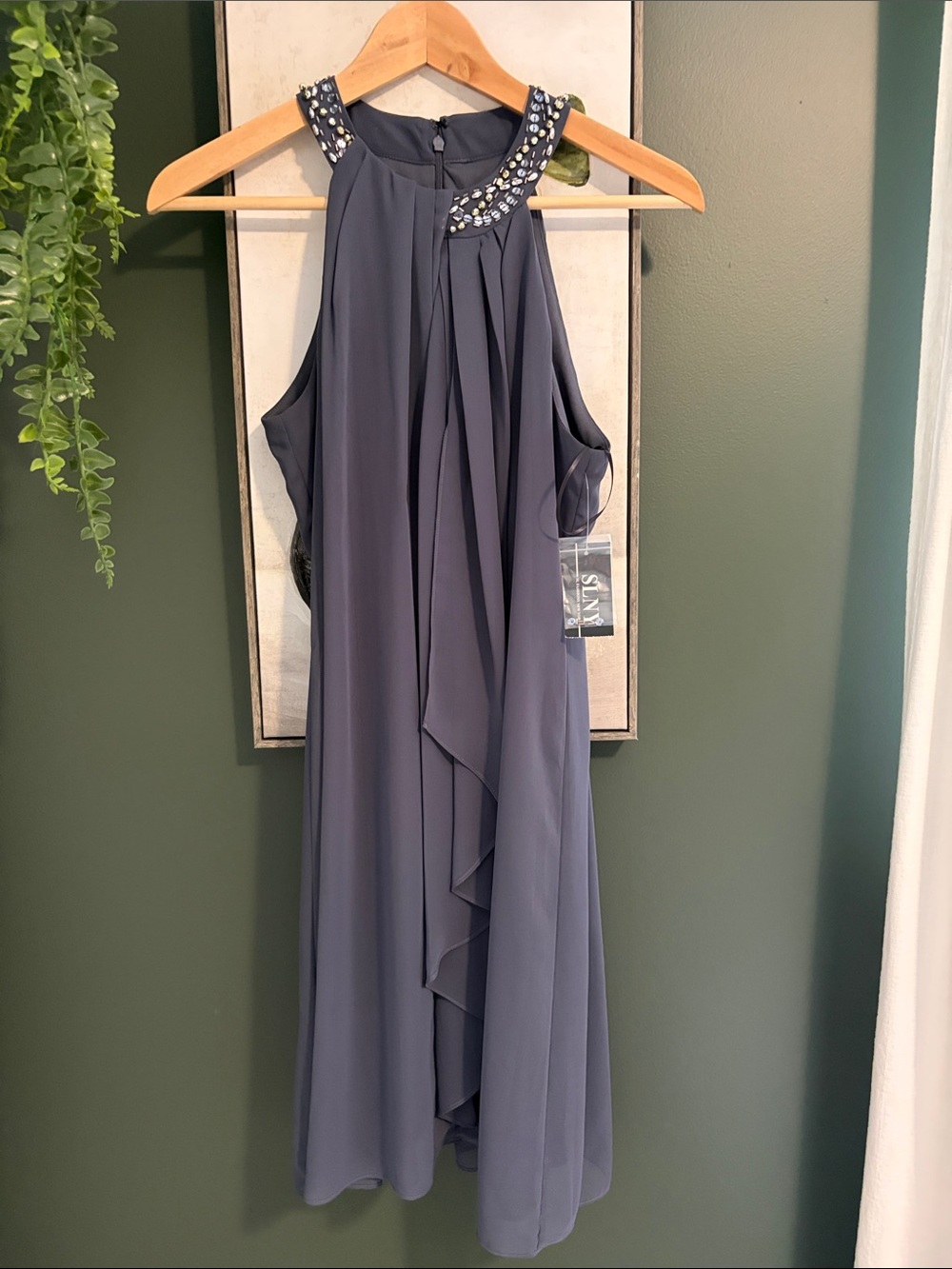 Embellished Halter Midi Dress in Slate Blue